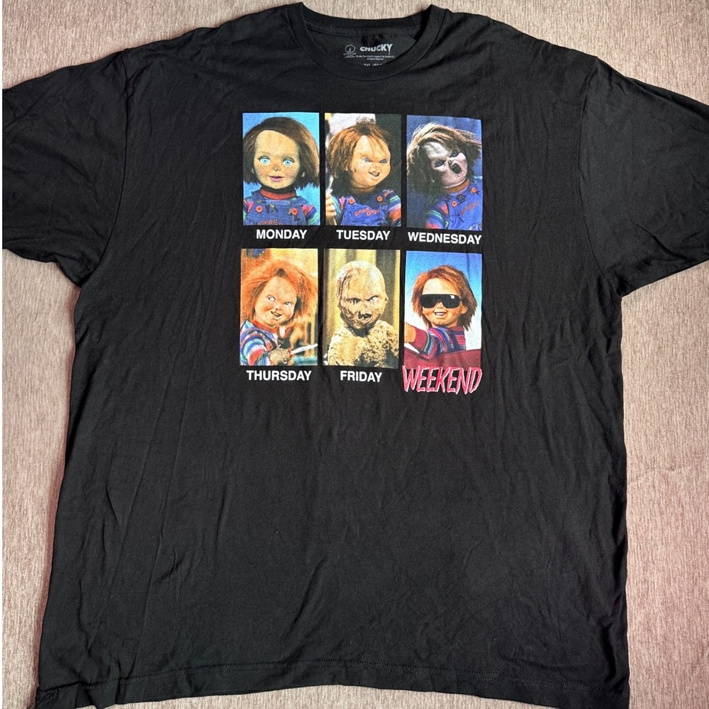 Chucky Horror Movie Days of the Week Graphic T-Shirt Black 2XL Mens Cotton
